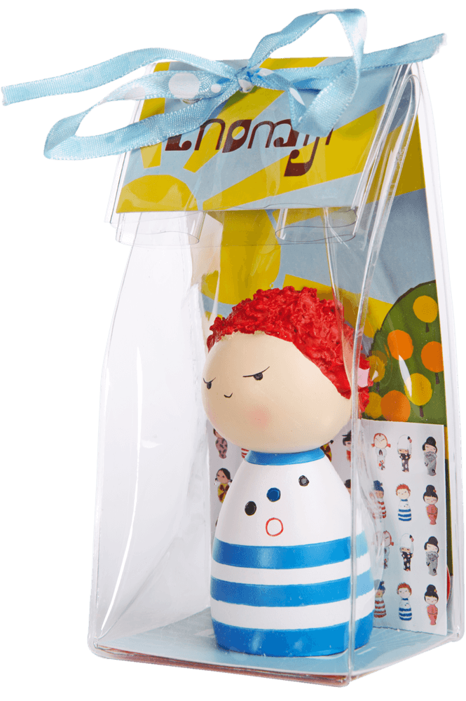 Spike Momiji doll with bright red hair, blue-striped outfit, in clear gift box tied with blue ribbon and vibrant background. — Momiji doll