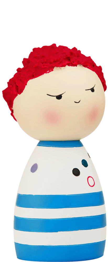 Spike Momiji doll with red textured hair, a smirking face, blue-and-white striped outfit and multicolored dots. — Momiji doll
