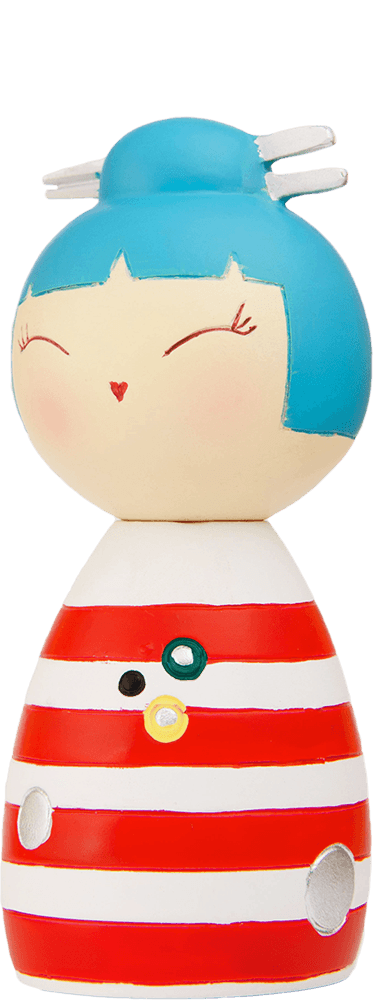 Blu Momiji doll with blue hair, a red and white striped dress, smiling face, and secret message slot—cute collectible figure. — Momiji doll