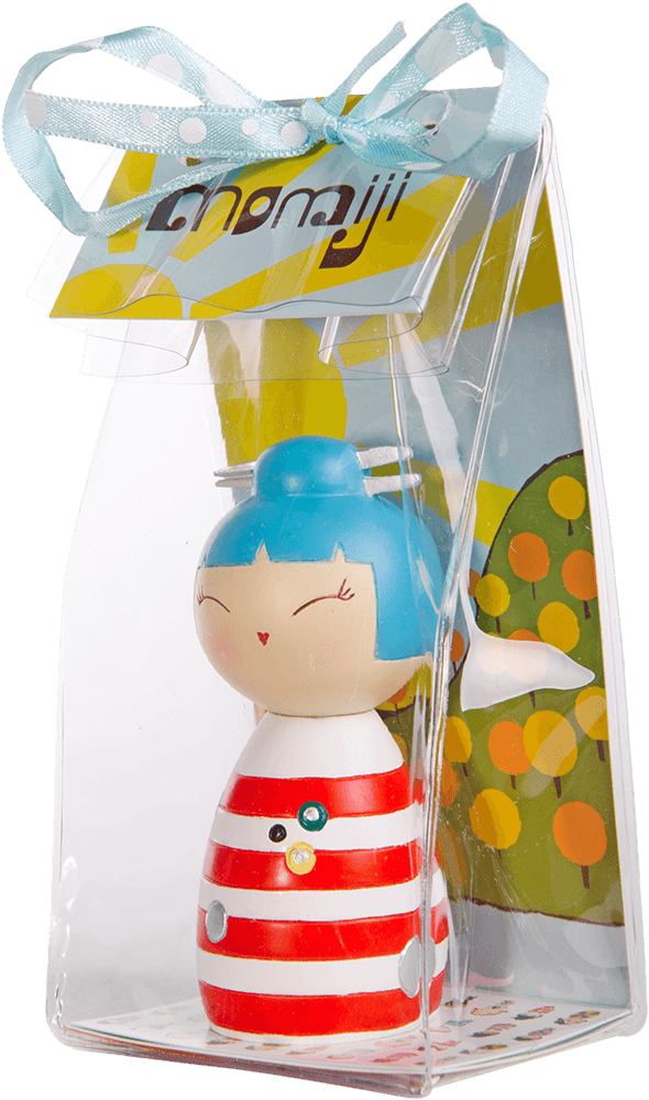 Blu Momiji doll with blue hair in a red striped dress, packaged in a clear box tied with a blue ribbon. — Momiji doll