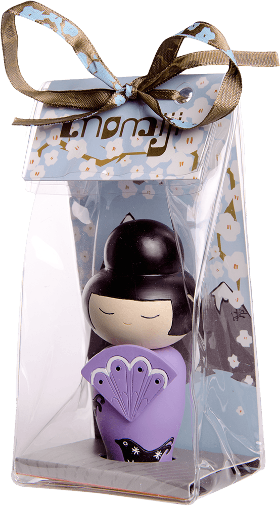 Peaches Momiji doll with black hair and a purple dress, displayed in a clear box tied with a gold ribbon. — Momiji doll