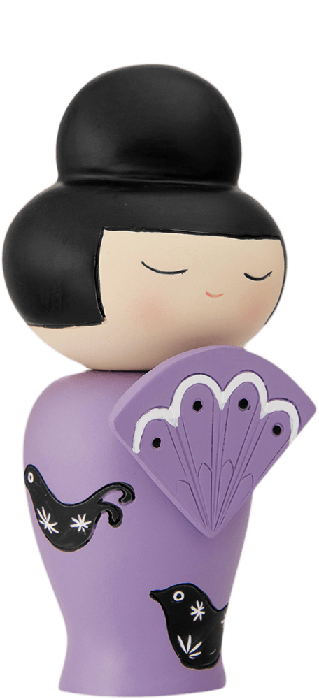 Peaches Momiji doll with black hair, purple dress, holding a fan decorated with birds and flowers; collectible and giftable. — Momiji doll