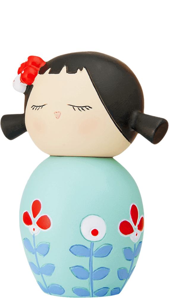 Flowers 2 Momiji doll with black hair, red flower hairpin, blue dress featuring red and white flowers. Cute collectible character. — Momiji doll