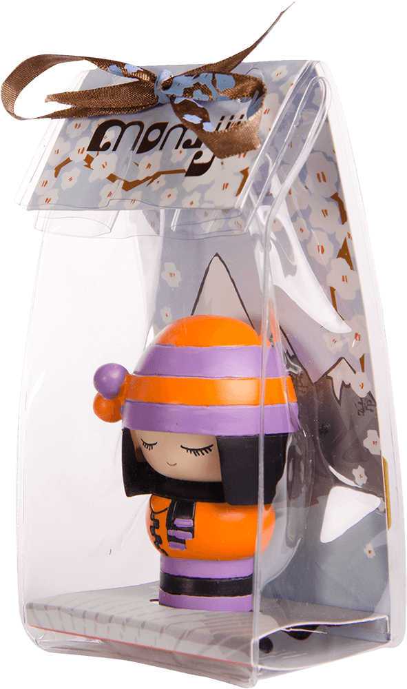 Clever Clogs Momiji doll with black hair, orange and purple outfit, in a clear box tied with a brown ribbon. — Momiji doll