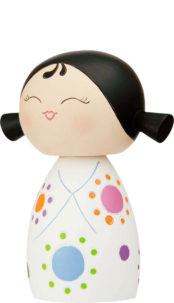 Giggles 2: Momiji doll with black hair, a smiling face, and a white dress decorated with colorful dots and patterns. — Momiji doll