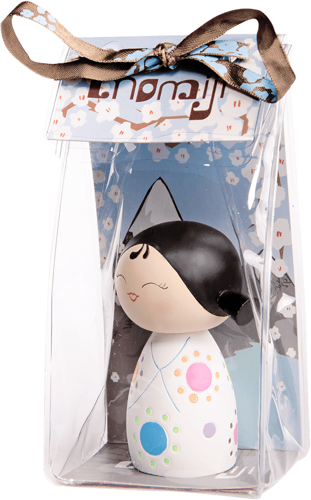 Giggles 2 Momiji doll with black hair, white dress, clear gift box, and brown ribbon; includes hidden message inside. — Momiji doll