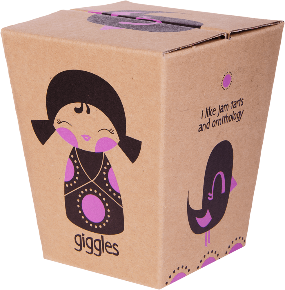 Brown box labeled Giggles 2 with cute Momiji doll illustration, bird, and features like jam tarts, ornithology, and secret message. — Momiji doll