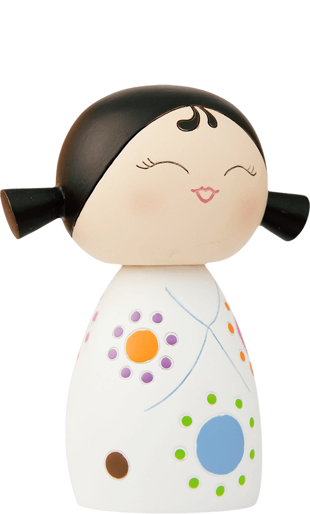 Giggles 2 Momiji doll with black pigtails, closed eyes, pink lips, and a white dress with dots. Hidden message inside. — Momiji doll
