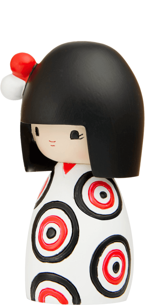Funny Girl Momiji doll with black hair, red and white hair accessory, and a dress featuring playful circle patterns. — Momiji doll