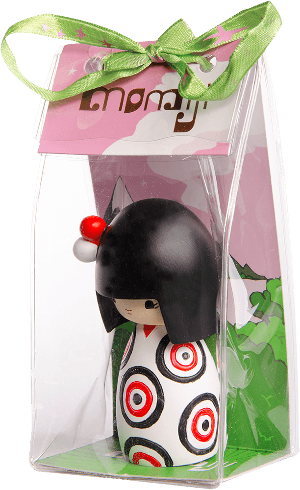 Funny Girl Momiji doll with black hair, red circles on cheeks, in clear box tied with green ribbon. Secret message hidden inside. — Momiji doll
