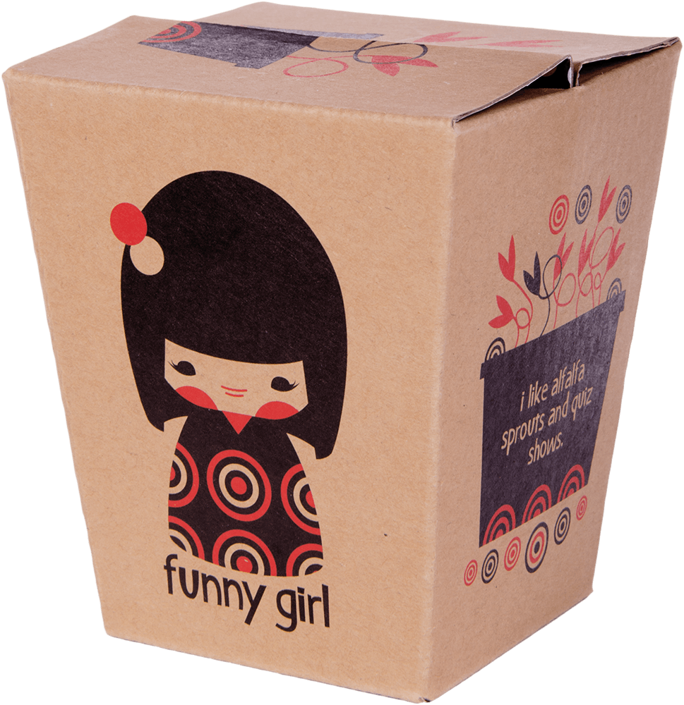 Brown takeout box with "Funny Girl." Kawaii Momiji doll; side reads "I like alfalfa sprouts and quiz shows. — Momiji doll