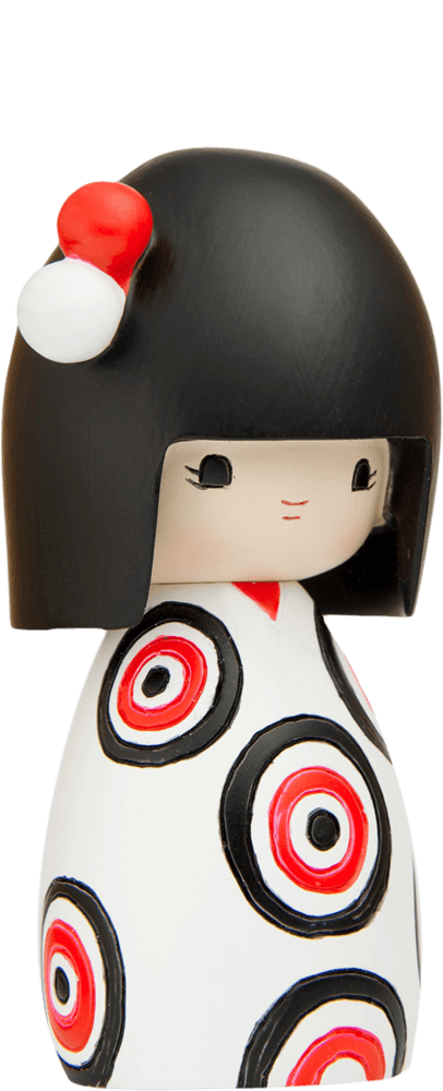 Funny Girl Momiji doll with black hair, a red and white hairpiece, and a white dress featuring red, black & white circle patterns. — Momiji doll