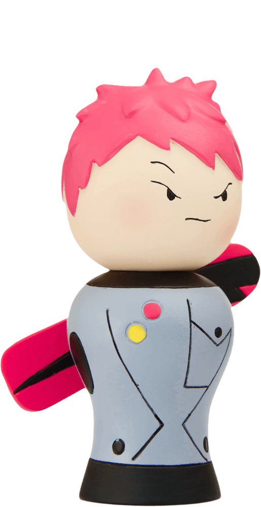 Ollie Momiji doll with spiky pink hair, gray suit decorated with colorful dots, and a bold, expressive look. — Momiji doll