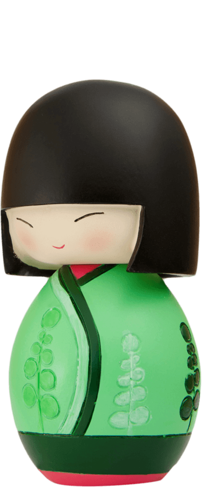 Soul Momiji doll with green outfit, black hair, closed eyes, and a gentle smile. Collectible character with a hidden message. — Momiji doll