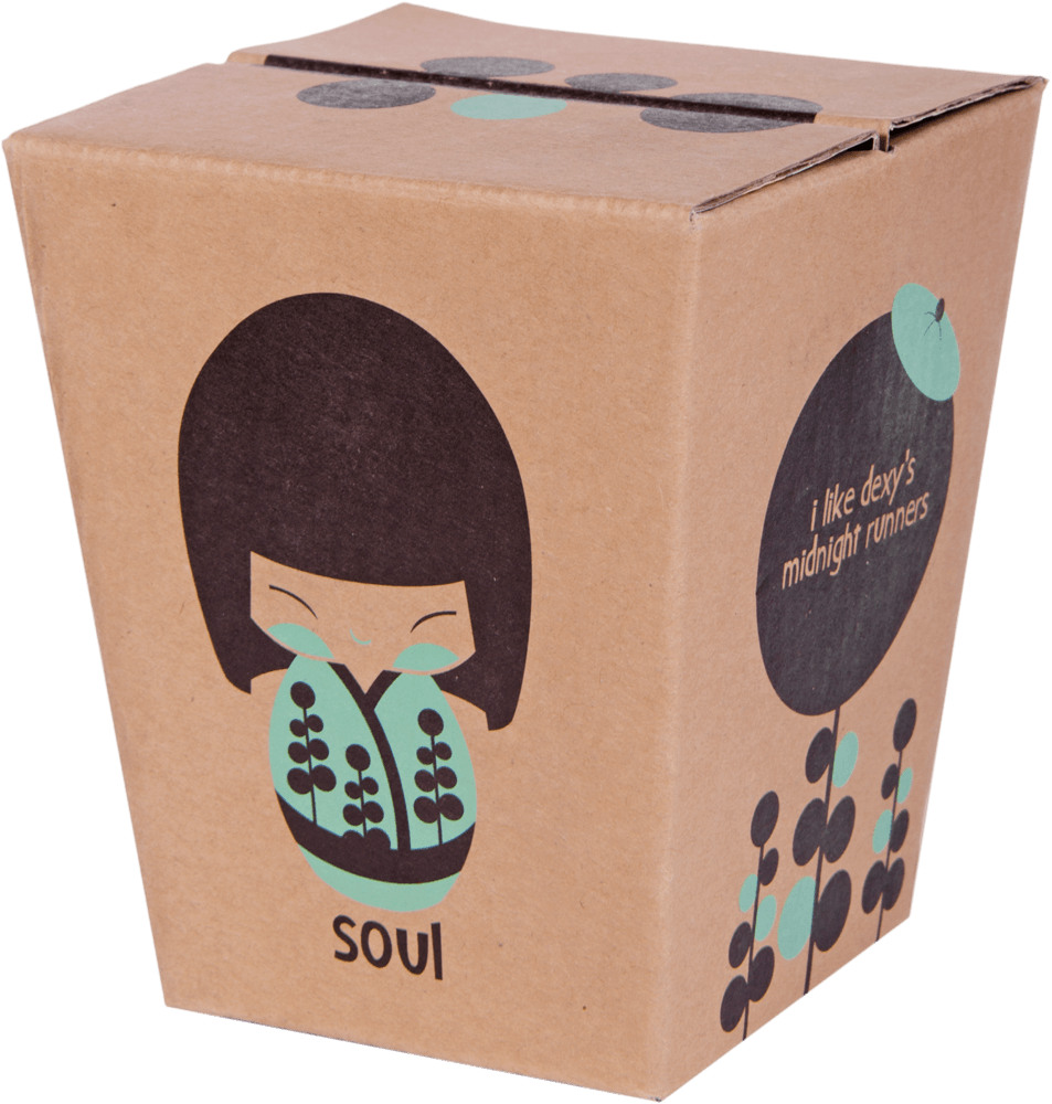 Brown takeout box featuring Soul Momiji doll, plants, and cute details; "Soul" in playful font. Collectible Momiji doll packaging. — Momiji doll