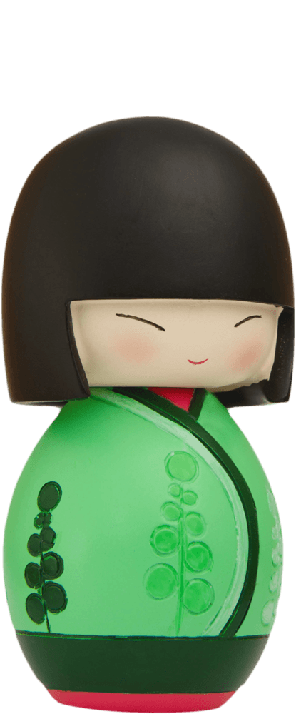 Soul Momiji doll with a black bob, green leaf outfit, and red collar; features kawaii style and hides a secret message inside. — Momiji doll