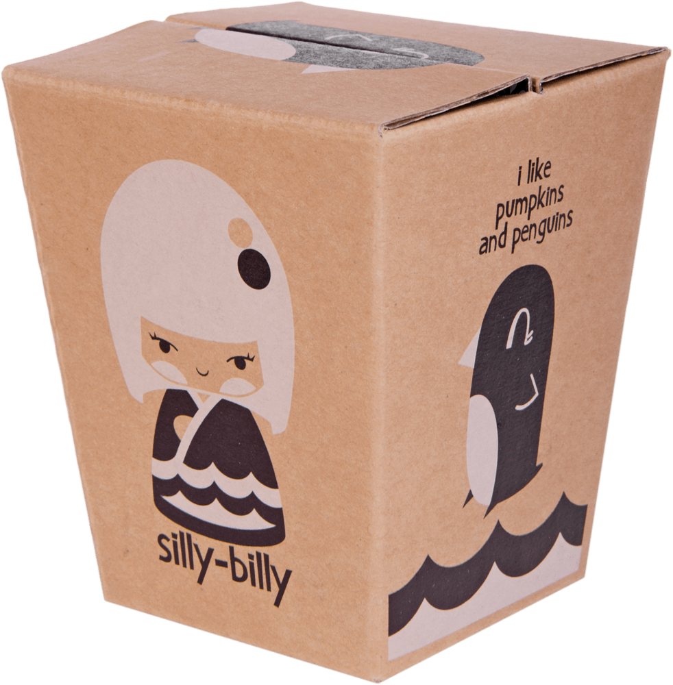 Brown box shows Silly Billy Momiji doll, a cute cartoon girl with penguin art and text; kawaii collectible character design. — Momiji doll