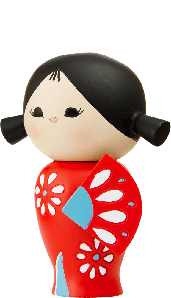 The Happy Happy Happy Momiji doll with black hair holds a red fan with white and blue details. Collectible Momiji doll. — Momiji doll