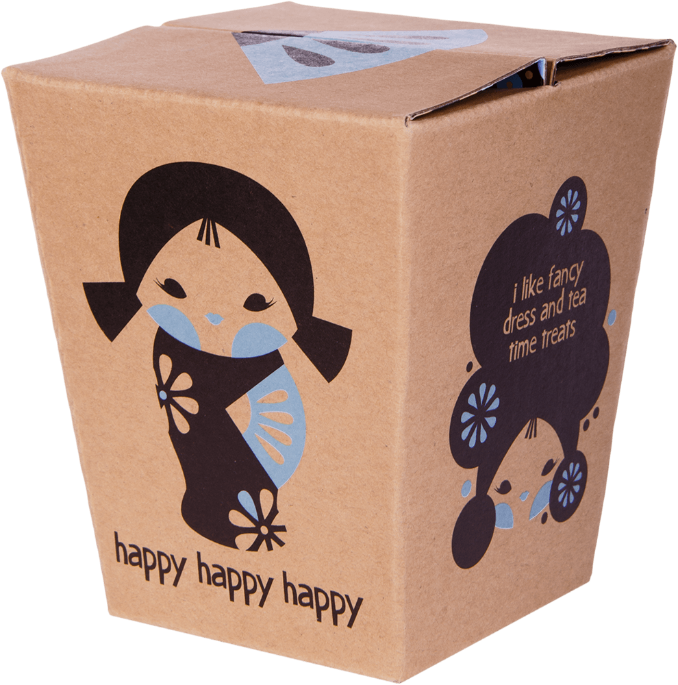 Brown takeout box featuring a kawaii Momiji doll in blue with flowers and "Happy Happy Happy" text. — Momiji doll