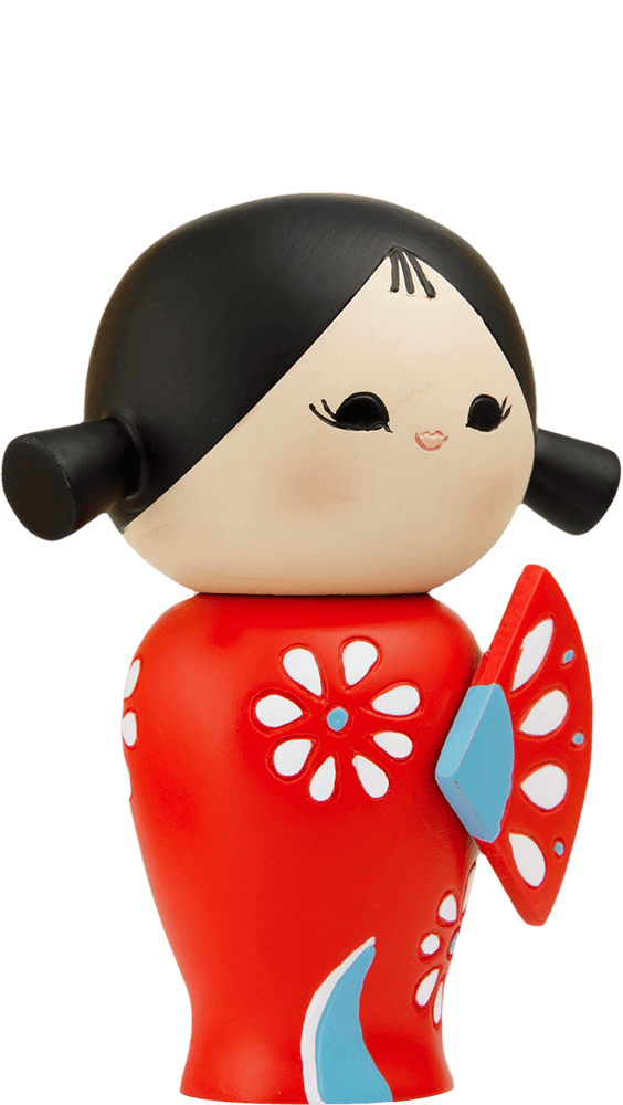 The Happy Happy Happy Momiji doll has black hair, a red dress with white flowers, and holds a matching red fan. — Momiji doll