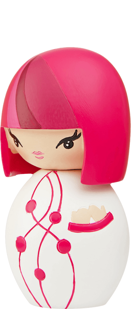 Dancing Girl Momiji doll with a pink bob, white dress, and pink lines and dots. Collectible character hiding a secret message. — Momiji doll