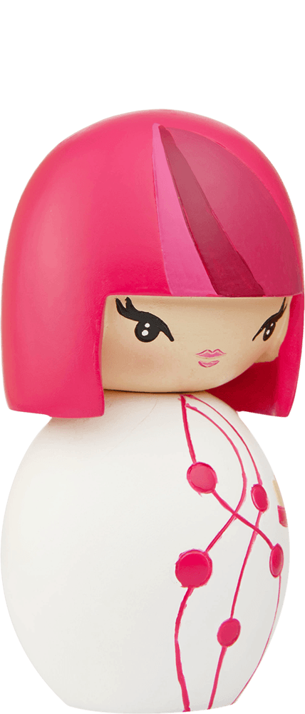 Dancing Girl Momiji doll with a pink bob, painted face, and white dress decorated with pink dots and lines. — Momiji doll