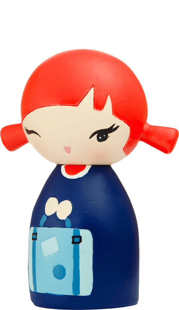 Poppet Momiji doll with red hair, blue dress, winking face, and a light blue bag; kawaii collectible character doll. — Momiji doll