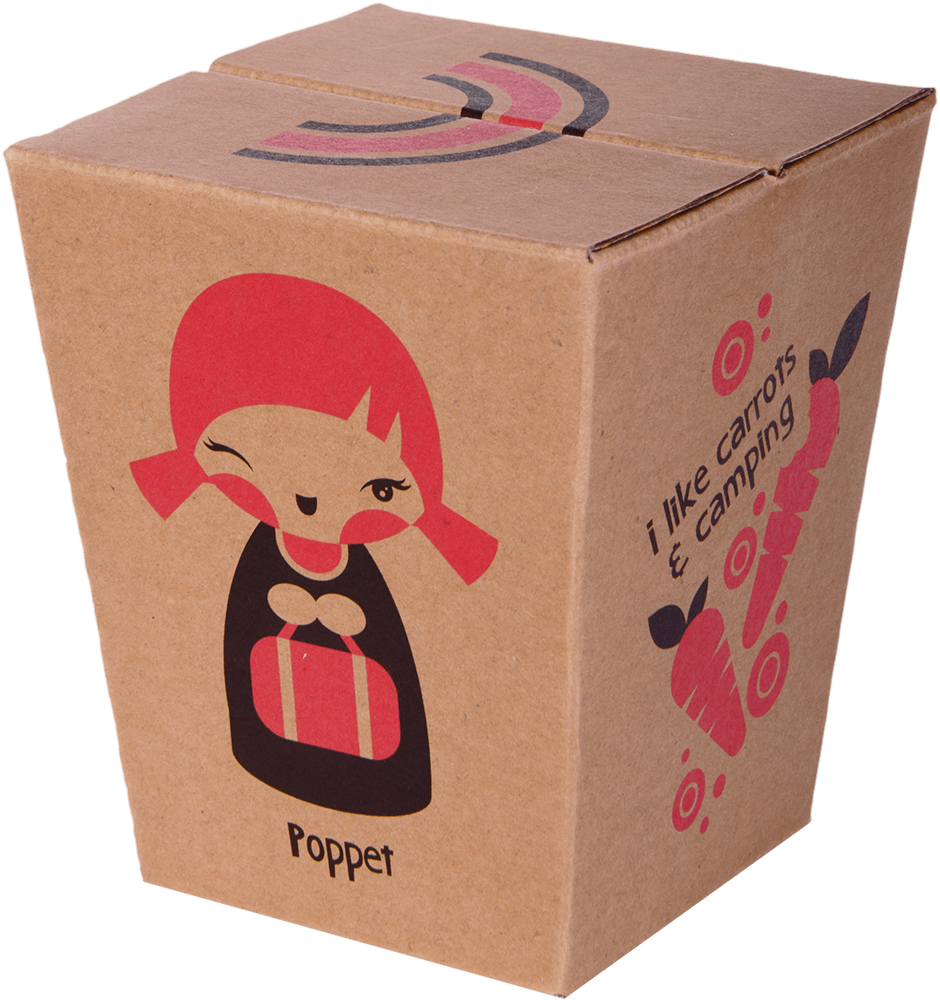 Brown box with a kawaii Poppet Momiji doll, cartoon girl illustration, carrots, and “Poppet” name—perfect for collectors. — Momiji doll