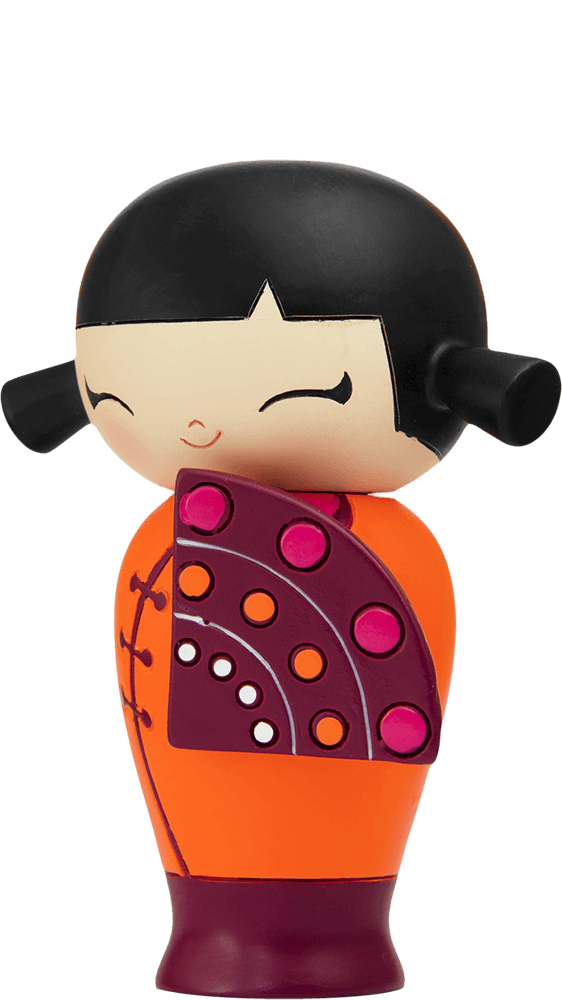 Happy Happy Happy Momiji doll with black hair, maroon and pink accents; collectible with a hidden message, design inspired by Tokyo. — Momiji doll