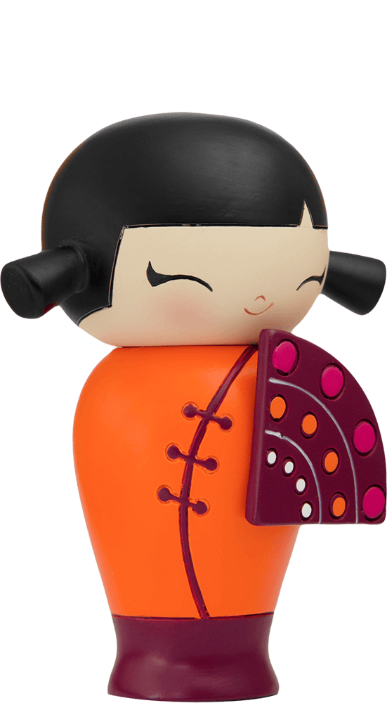 Happy Happy Happy Momiji doll with black hair, orange dress, and colorful fan. A cheerful kawaii collectible character keepsake. — Momiji doll