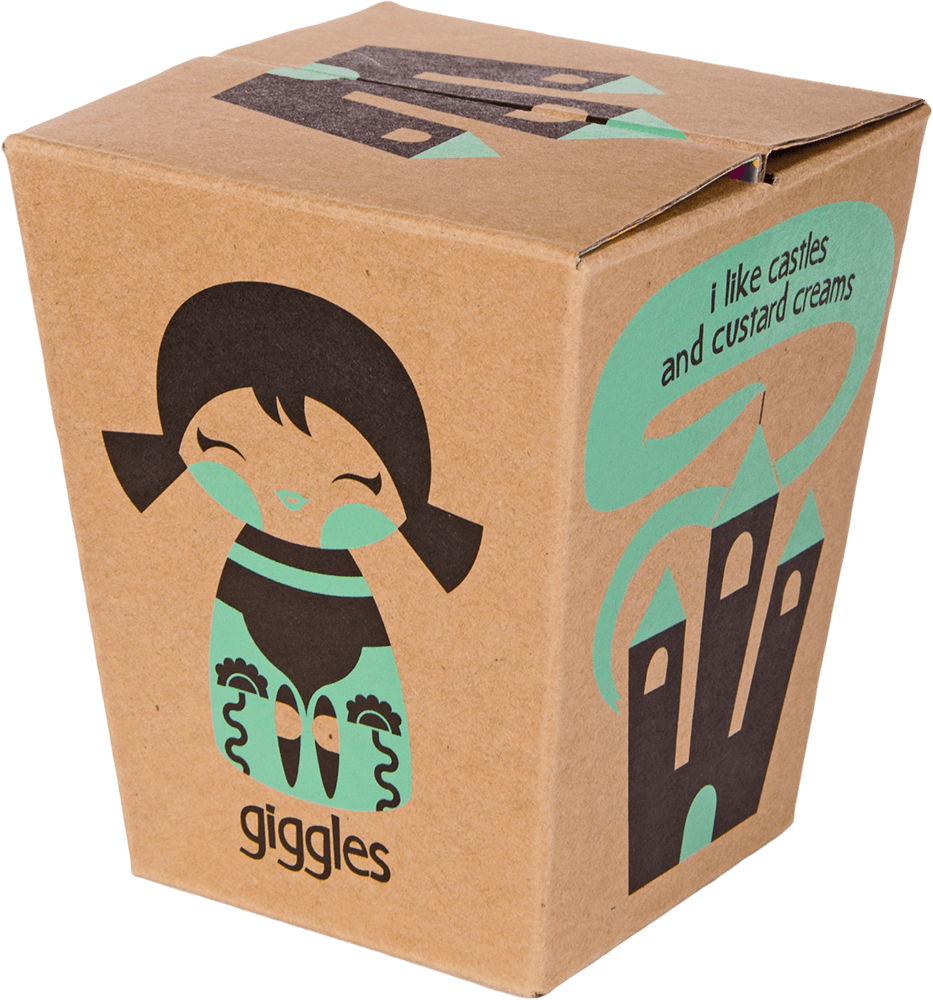 Brown box featuring a kawaii Momiji doll, a castle illustration, and the character name "Giggles" on the packaging. — Momiji doll