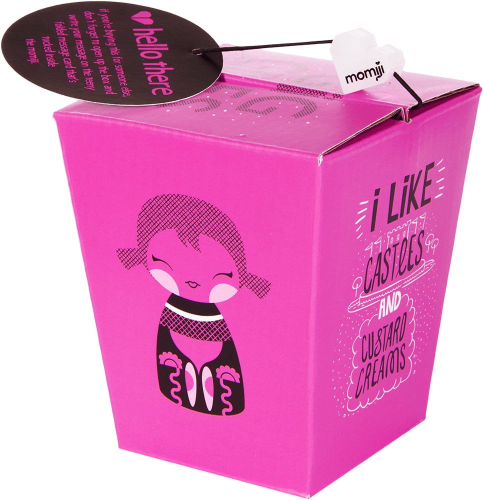 A kawaii pink Giggles Momiji doll box with a cartoon girl, “I LIKE CAKES AND CUSTARD CREAMS,” and a hellotree tag. — Momiji doll