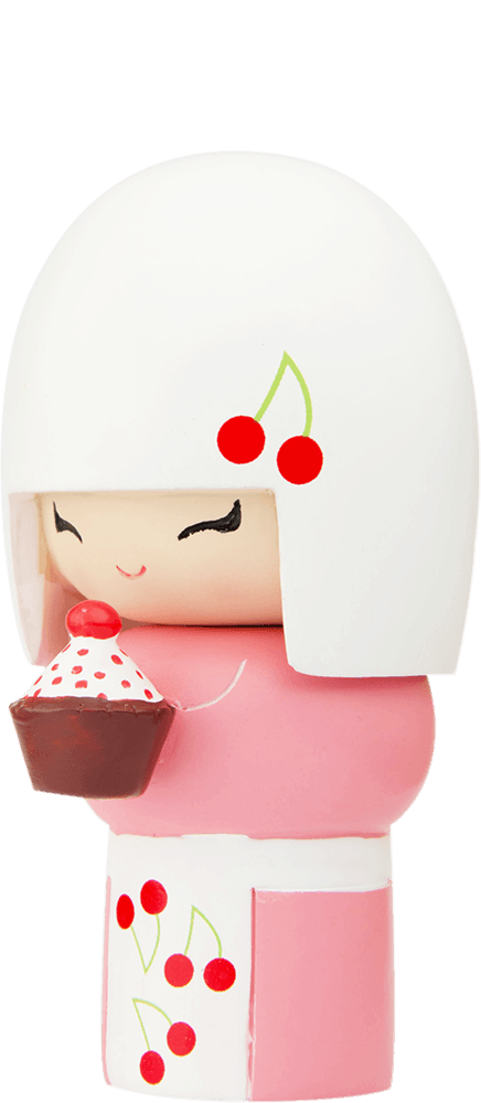 Pixie Momiji doll with cherry patterns, holding a dessert. Kawaii collectible with secret message, inspired by Tokyo and Seoul. — Momiji doll