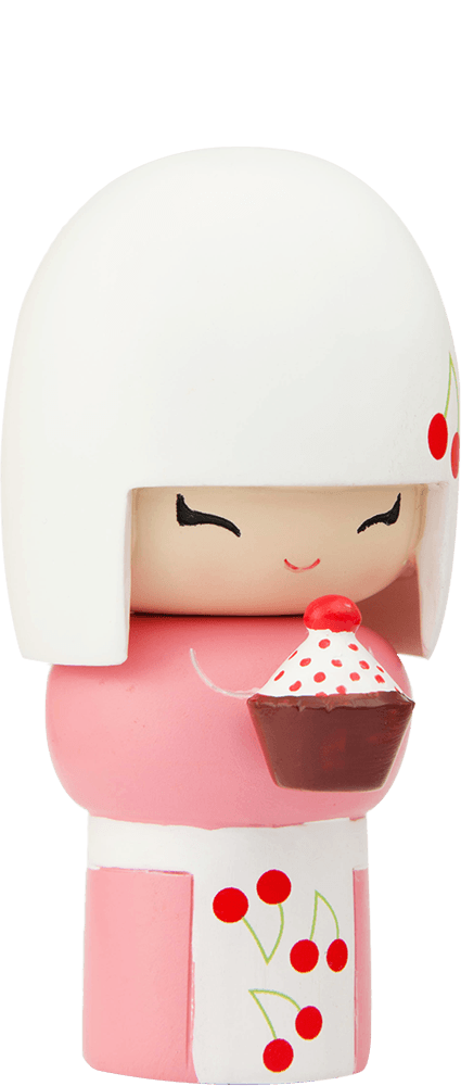 Pixie Momiji doll: pink and white, white bob, holding a cupcake, decorated with cherry patterns. Secret message inside. — Momiji doll
