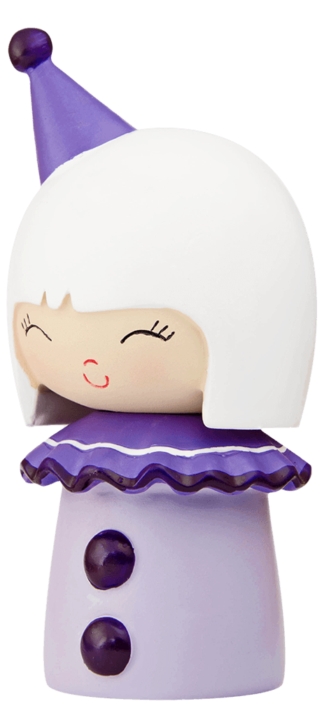 Funny Girl Momiji doll with a white bob, purple hat, ruffled collar, and smiling closed eyes. Hidden message slot inside. — Momiji doll
