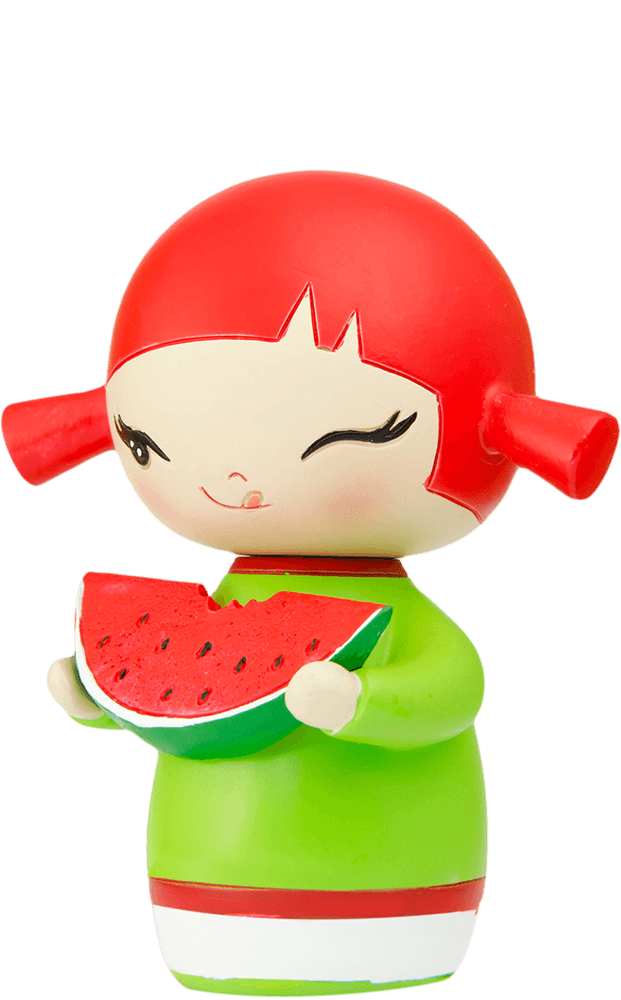 Momiji doll Poppet with bright red hair, green outfit, winking and smiling while holding a slice of watermelon. — Momiji doll