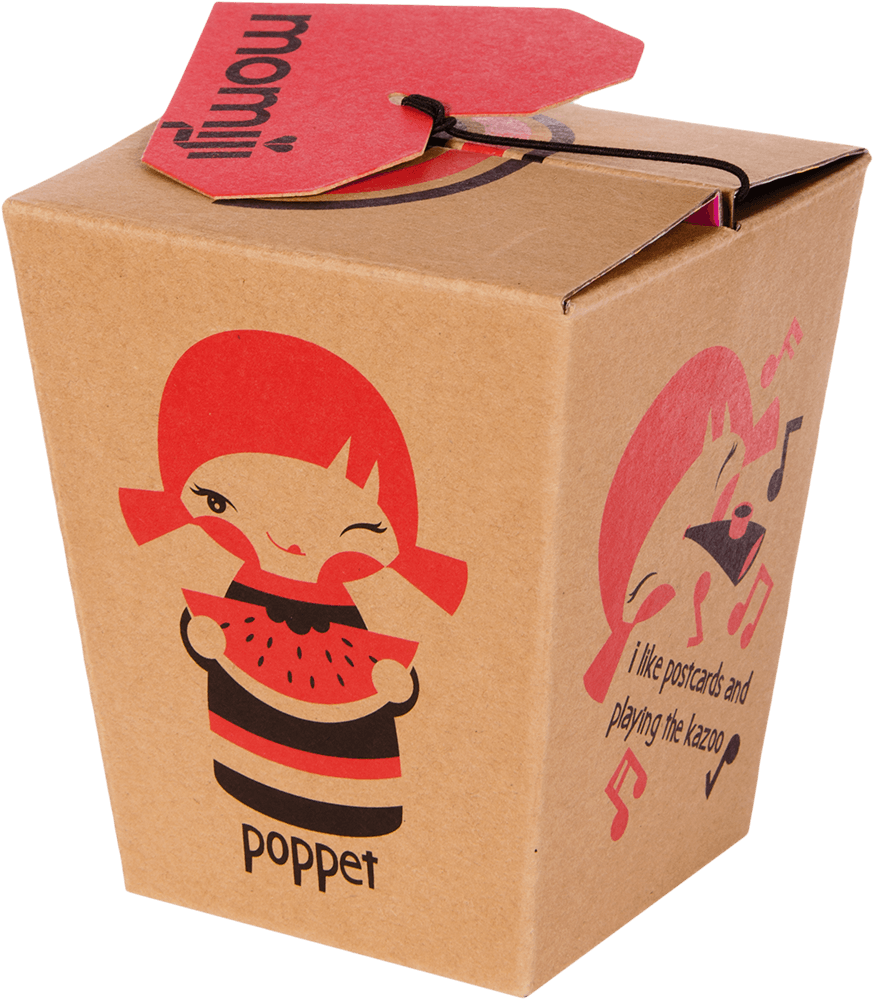 Brown gift box with Momiji doll called Poppet, kawaii style, eating watermelon; red heart tag reads "momiji". — Momiji doll