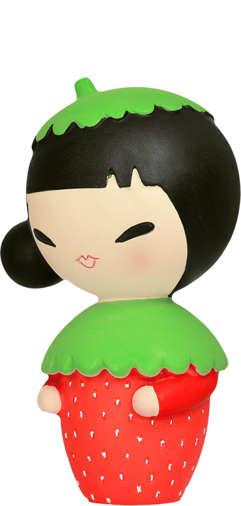 Silly Billy Momiji doll with black hair, a green cap, and a red strawberry body detailed with white seeds. — Momiji doll
