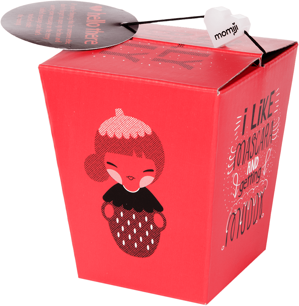Silly Billy Momiji doll in a red takeout box, cute cartoon girl design, heart-shaped Momiji tag, collectible character toy. — Momiji doll