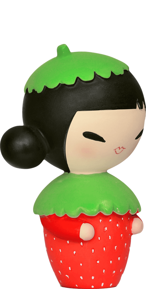 Silly Billy Momiji doll with black hair, green leaf hat, and bright red strawberry outfit—kawaii collectible with secret message. — Momiji doll