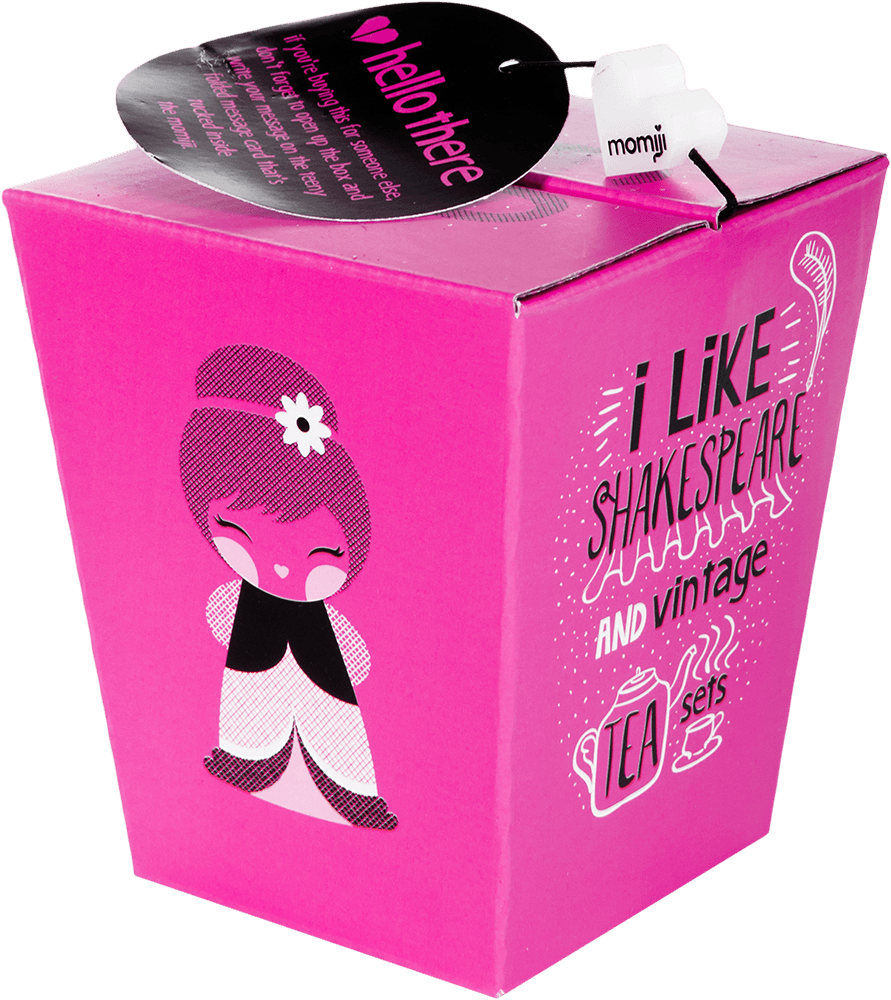 Pink Coco Momiji doll box with kawaii character, “I like Shakespeare and vintage tea sets,” and “hello there” tag. — Momiji doll