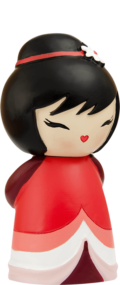 Momiji doll Coco with black hair, red dress, heart-shaped lips, and a sweet closed-eye smile. — Momiji doll