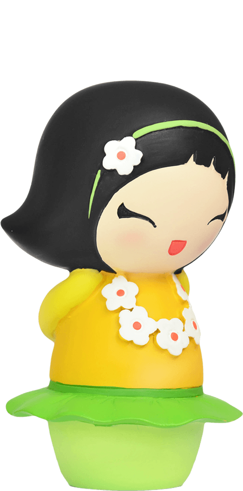 The Dancing Girl Momiji doll has black hair, a yellow top, flower necklace, green skirt, and a sweet closed-eye smile. — Momiji doll
