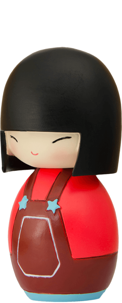 Soul Momiji doll: round, kawaii with black bob, red shirt, brown overalls, and a big cheerful smile. — Momiji doll