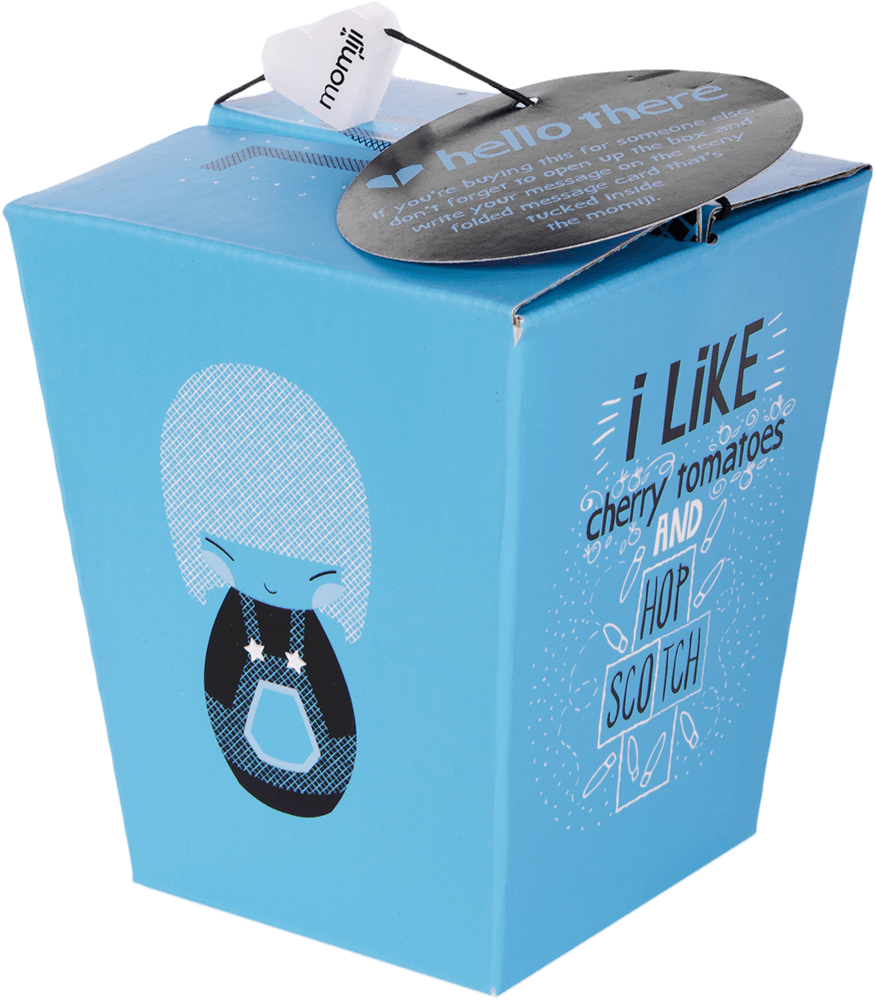 Blue box labeled "Soul" with Momiji doll girl, caption "I like cherry tomatoes and hop scotch," tag attached on the top. — Momiji doll