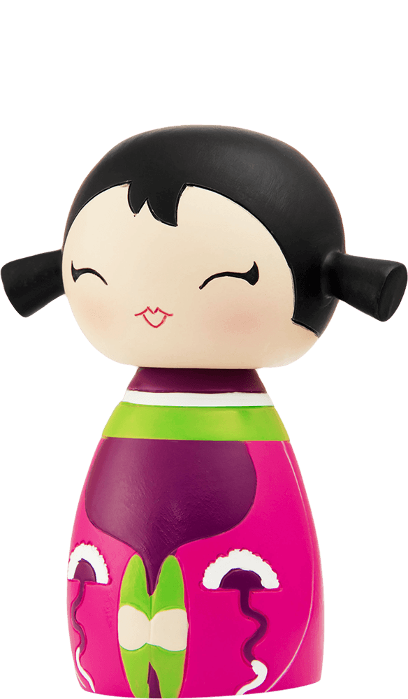 Giggles Momiji doll with black hair, pink lips, a pink and green dress, smiling face, closed eyes, hides a secret message. — Momiji doll