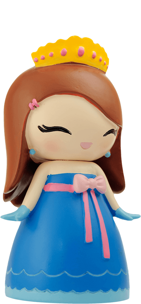 Princess Momiji doll with brown hair, yellow crown, blue dress, and pink bow; kawaii collectible hiding a secret message inside. — Momiji doll