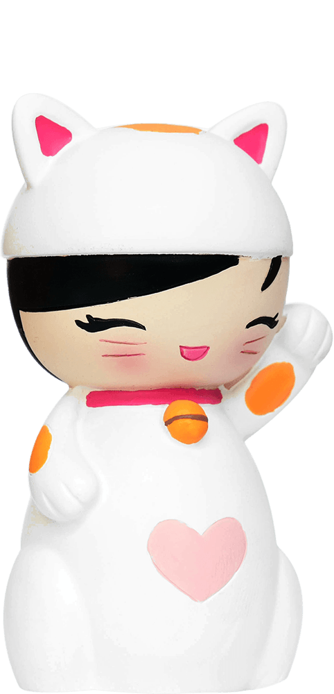 Lucky Kitty Momiji doll in a white cat costume with pink accents, orange spots, and a pink heart on the chest. — Momiji doll