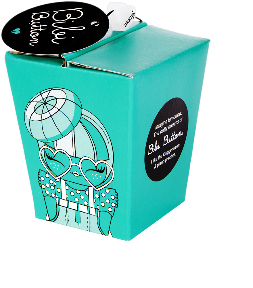 Turquoise box featuring the Momiji doll character Bibi Button with hearts and logo, inspired by kawaii street style. — Momiji doll