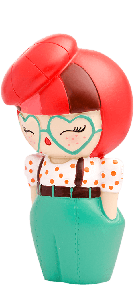 Bibi Button Momiji doll with red hair, heart glasses, polka dot shirt, green suspenders, and a red cap. — Momiji doll